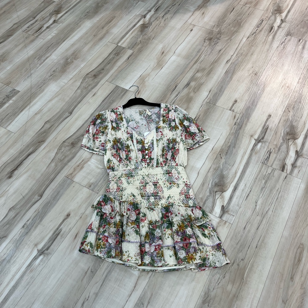 Loveshackfancy Floral Mini Dress In Cream And Pink